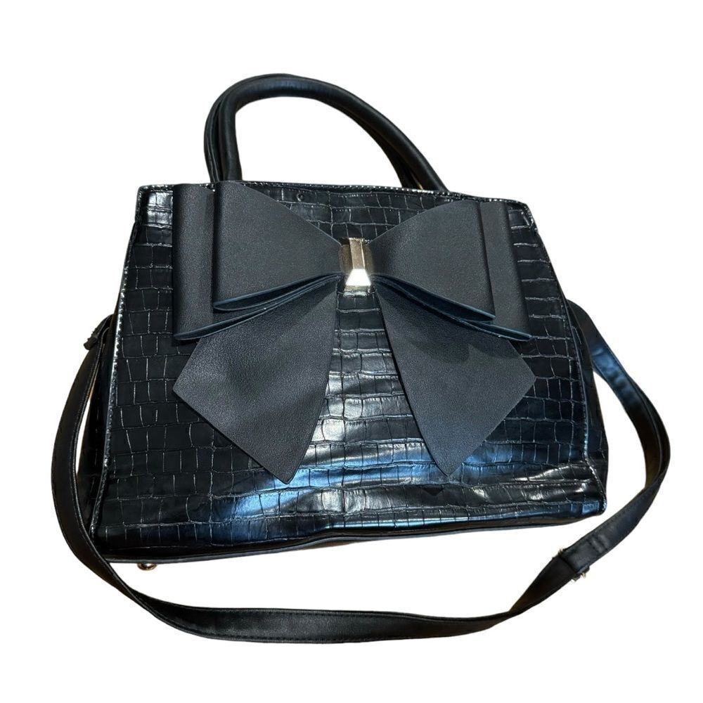 Grossi Croc Crocodile Embossed Satchel Handbag Purse with Large Bow